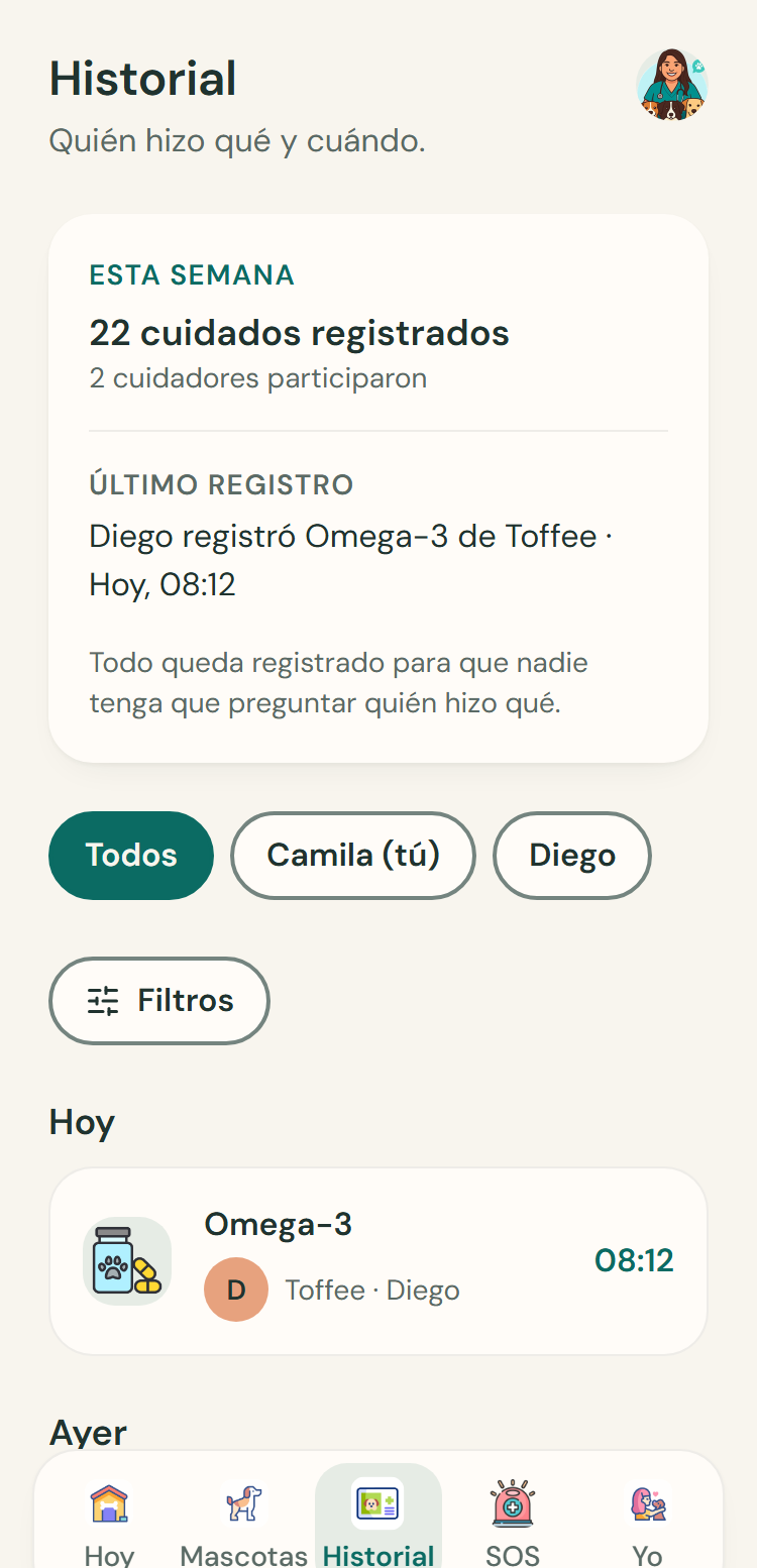 Historial con el resumen de la semana y el registro de cada cuidado