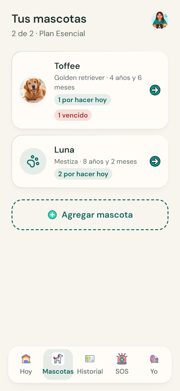 Lista de mascotas con sus próximos cuidados